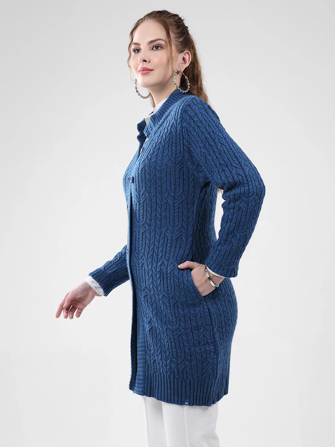 Women Blue Self Design Mock Neck Full Sleeve Cardigan - Image 3