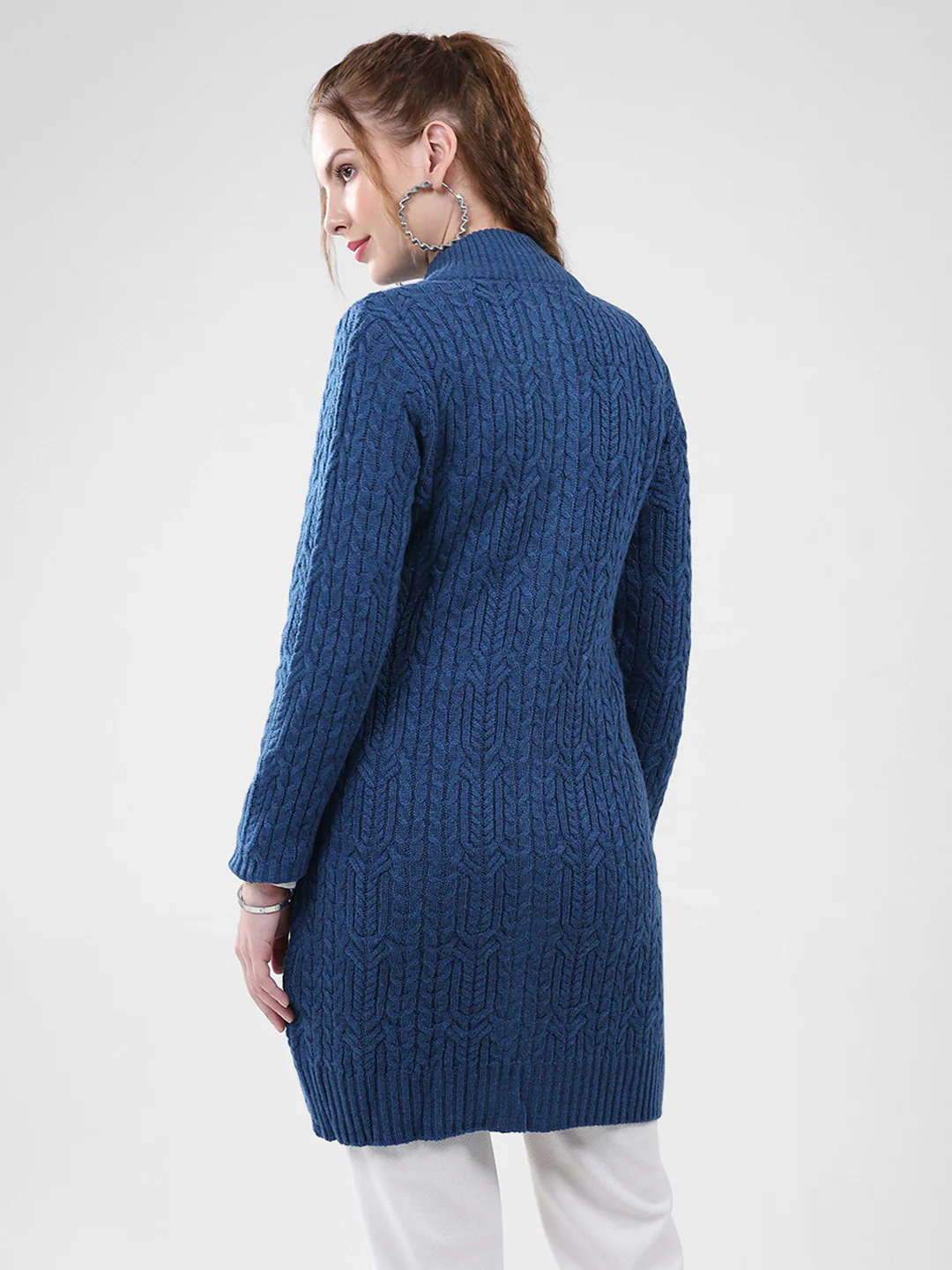 Women Blue Self Design Mock Neck Full Sleeve Cardigan - Image 5