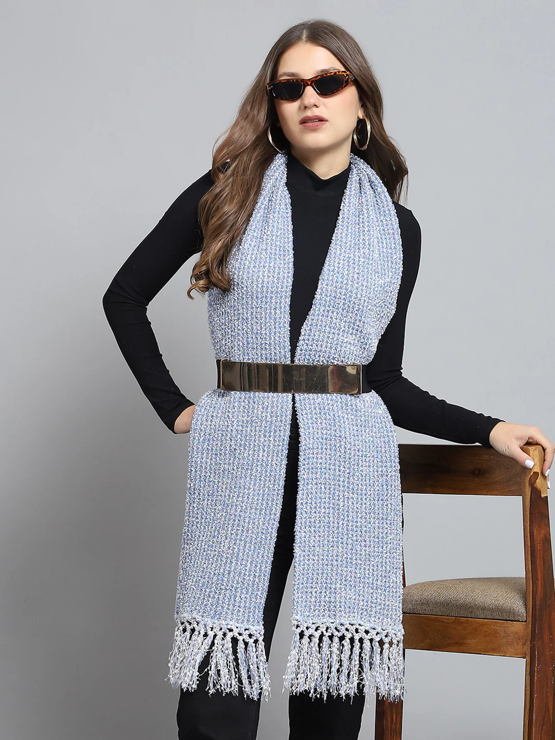 Women Blue Self Design Muffler - Image 2