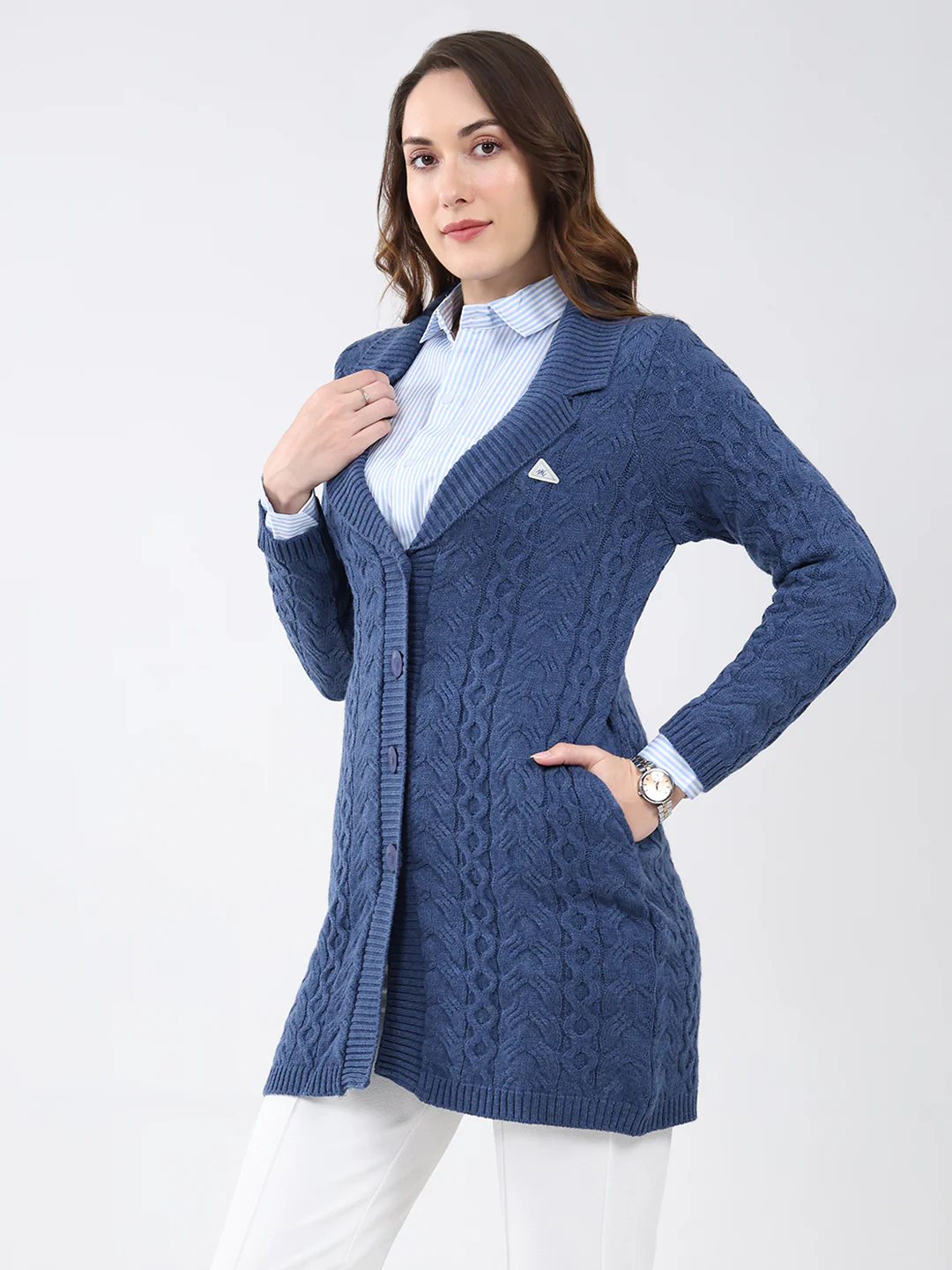 Women Blue Self Design Notch Lapel Collar Full Sleeve Cardigan - Image 3