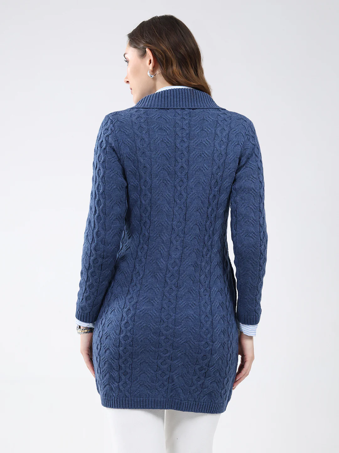 Women Blue Self Design Notch Lapel Collar Full Sleeve Cardigan - Image 5