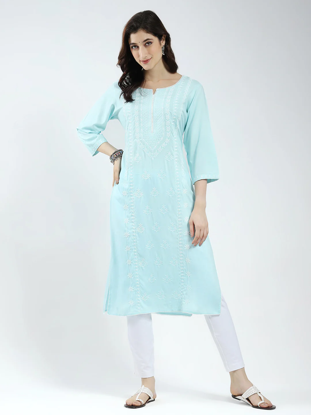 Women Blue Self Design Round Neck 3/4th Sleeve Kurti - Image 3