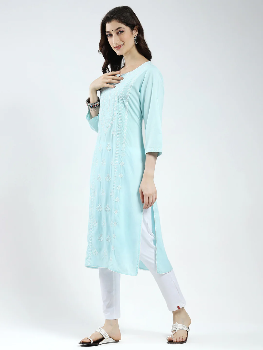 Women Blue Self Design Round Neck 3/4th Sleeve Kurti - Image 4