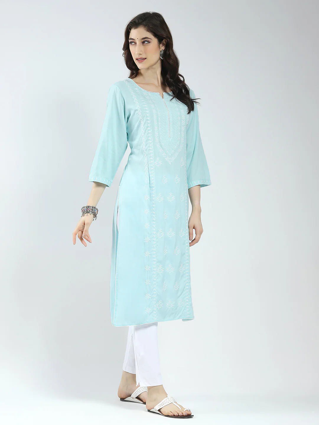 Women Blue Self Design Round Neck 3/4th Sleeve Kurti - Image 5
