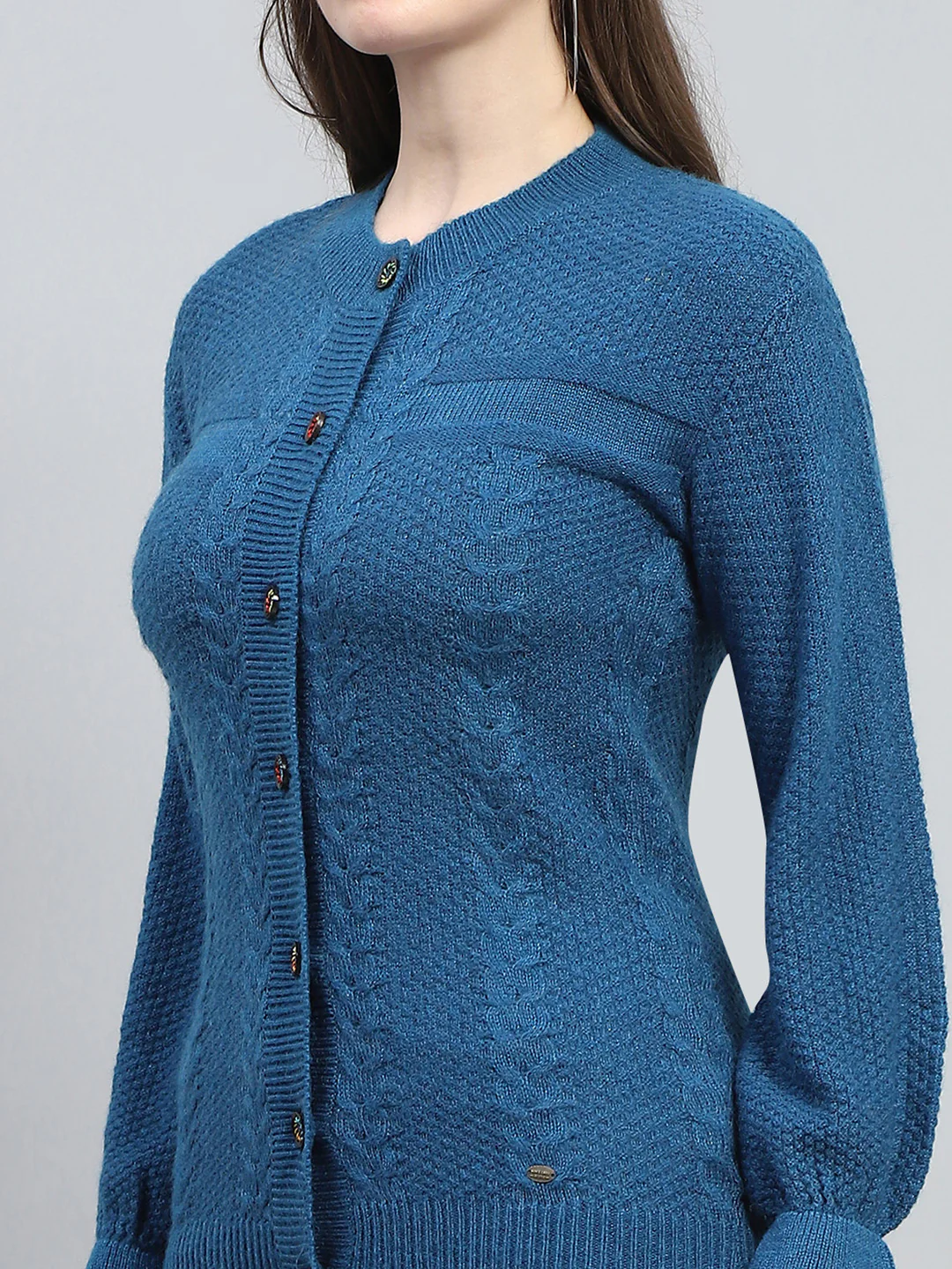 Women Blue Self Design Round Neck Full Sleeve Cardigan - Image 6