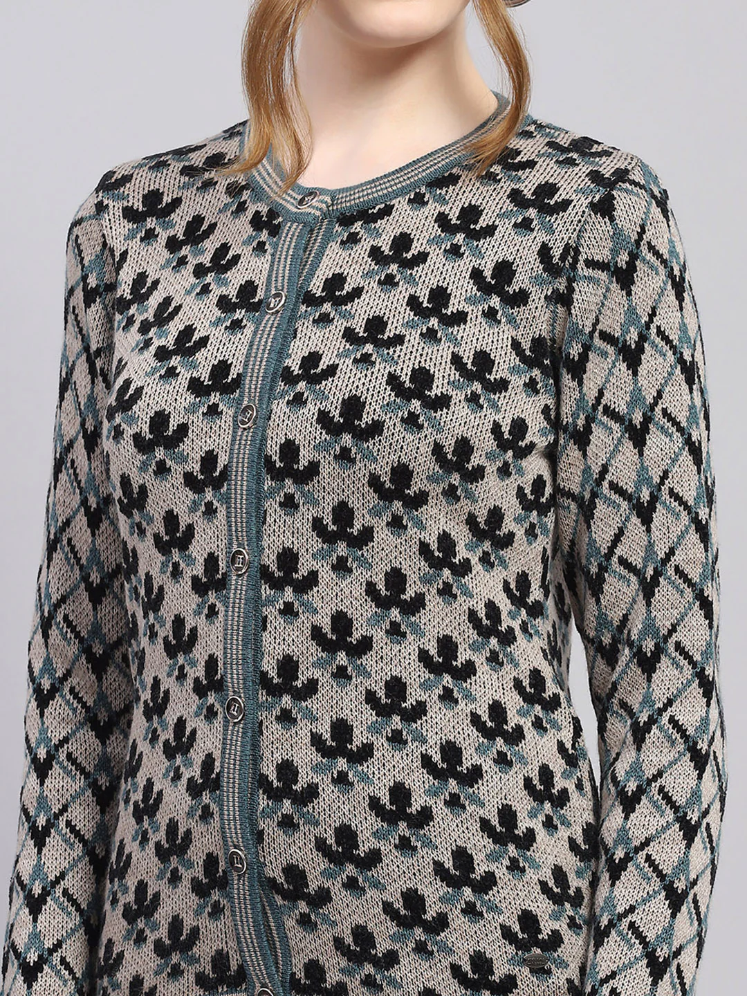 Women Blue Self Design Round Neck Full Sleeve Cardigan - Image 7