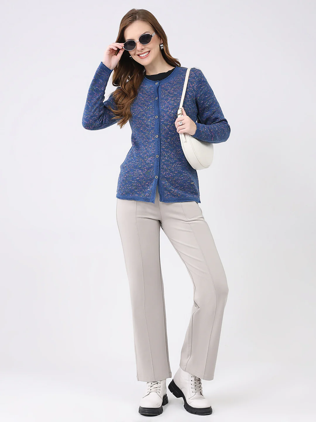 Women Blue Self Design Round Neck Full Sleeve Cardigan - Image 2