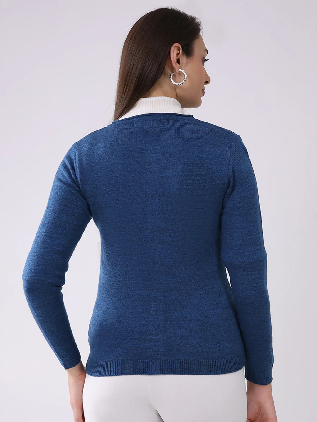 Women Blue Self Design Round Neck Full Sleeve Cardigan - Image 5