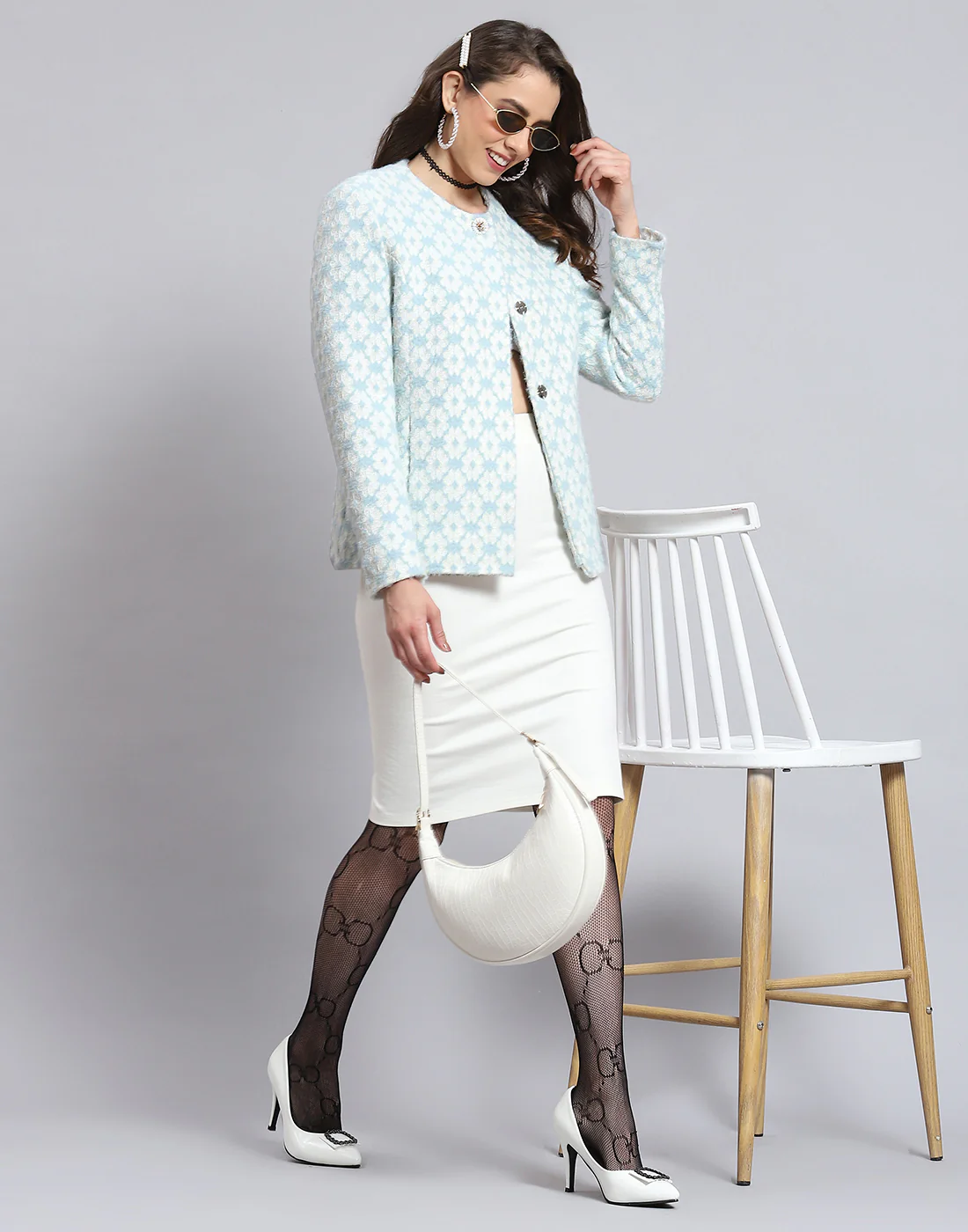 Women Blue Self Design Round Neck Full Sleeve Coat - Image 2
