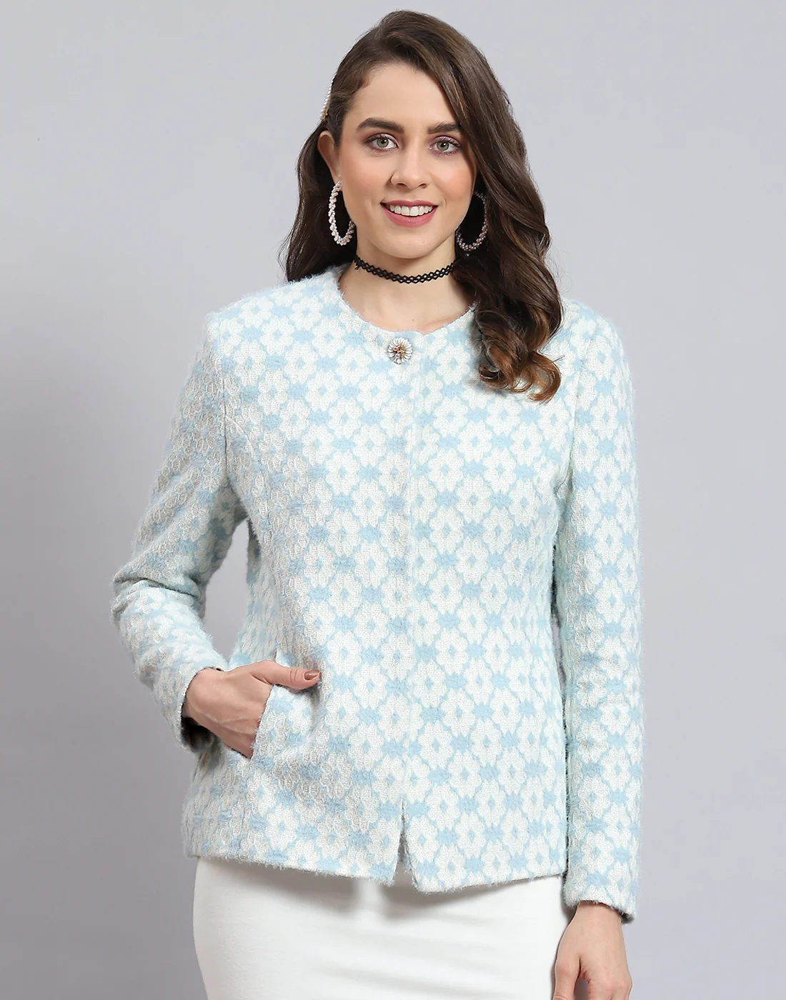 Women Blue Self Design Round Neck Full Sleeve Coat - Image 3