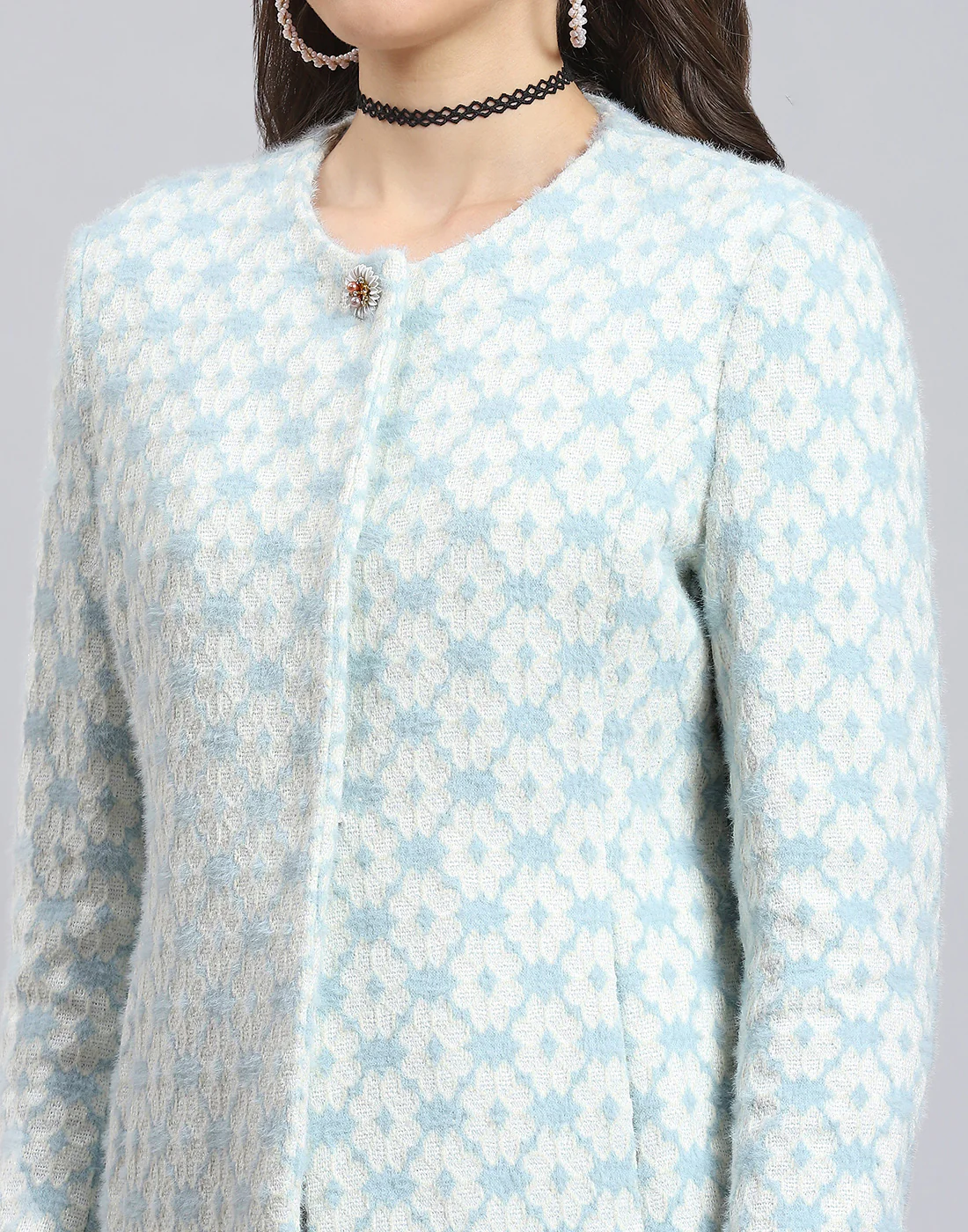 Women Blue Self Design Round Neck Full Sleeve Coat - Image 6