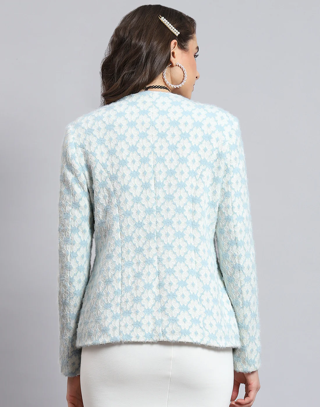 Women Blue Self Design Round Neck Full Sleeve Coat - Image 7