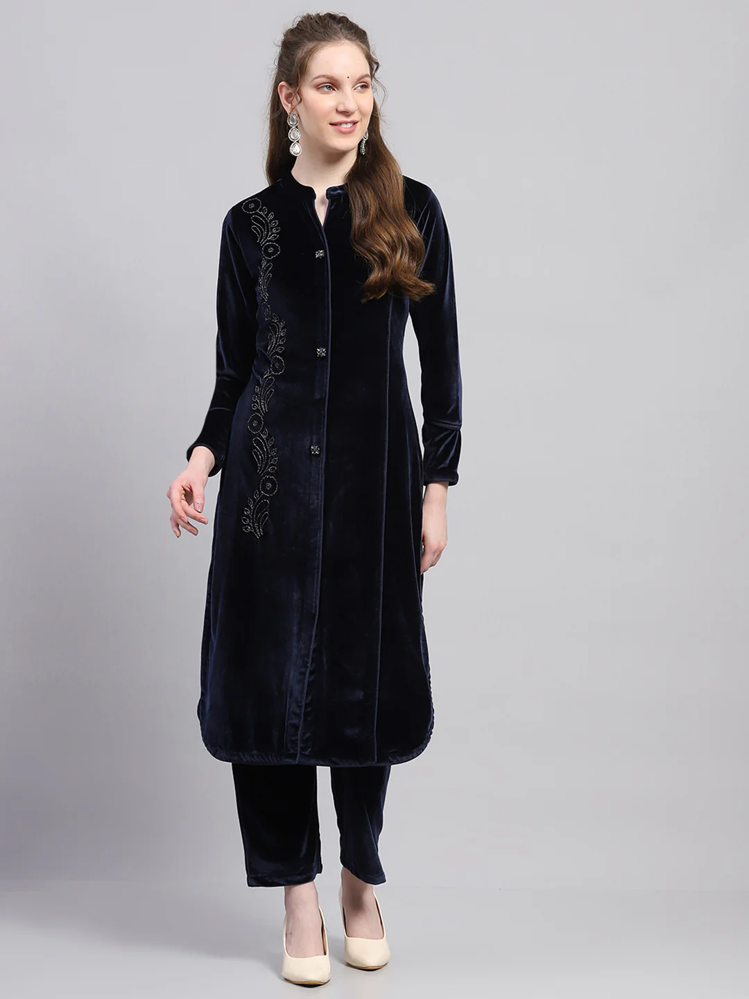 Women Blue Self Design Round Neck Full Sleeve Kurti Set - Image 3