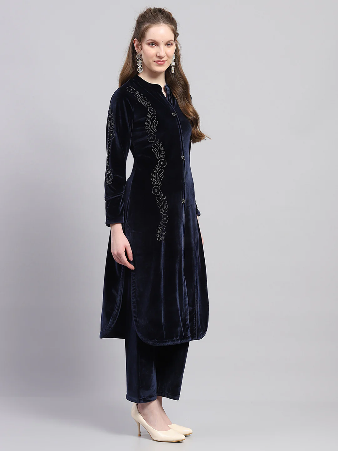 Women Blue Self Design Round Neck Full Sleeve Kurti Set - Image 5