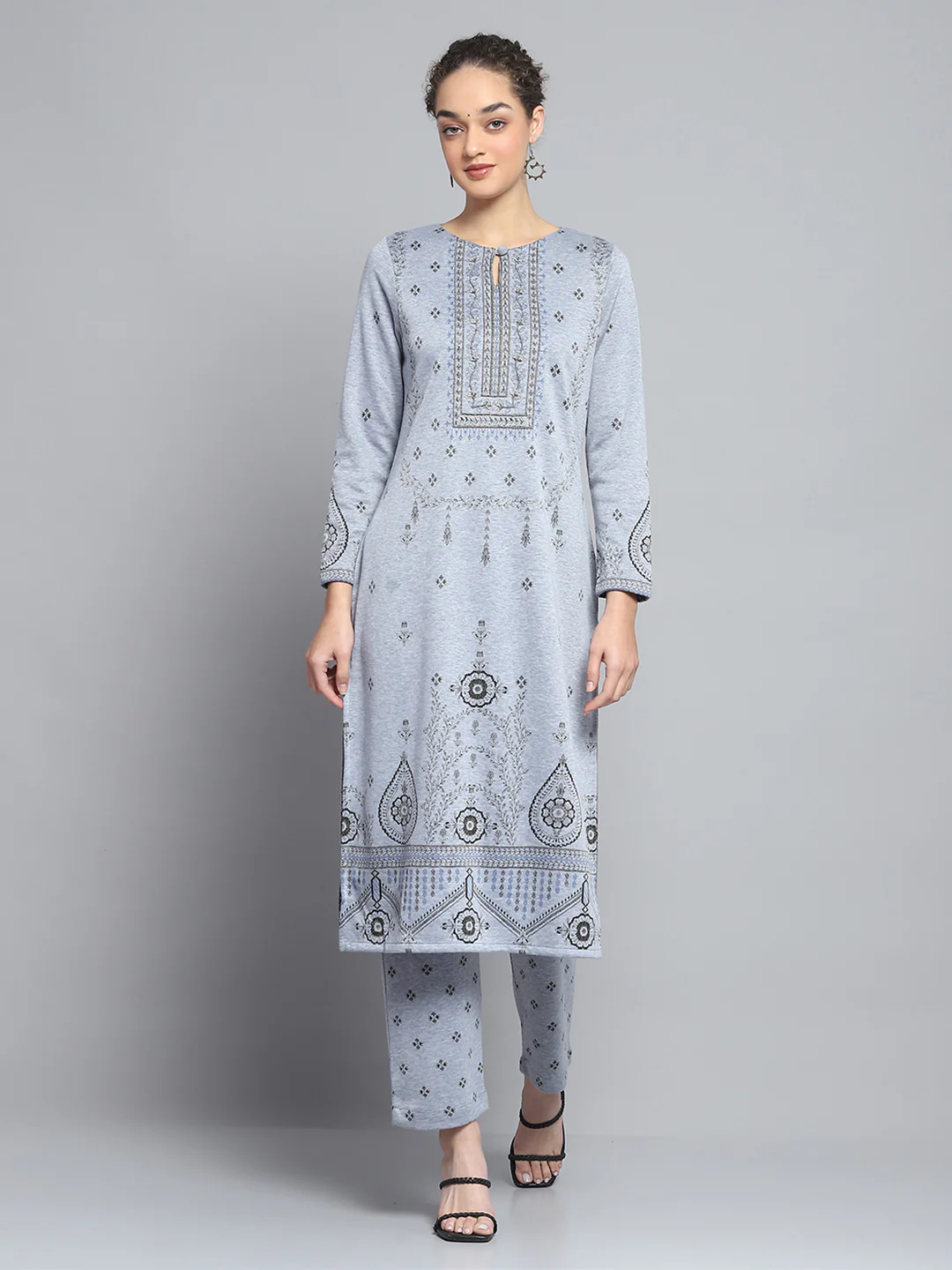 Women Blue Self Design Round Neck Full Sleeve Kurti Set for Winter - Image 3