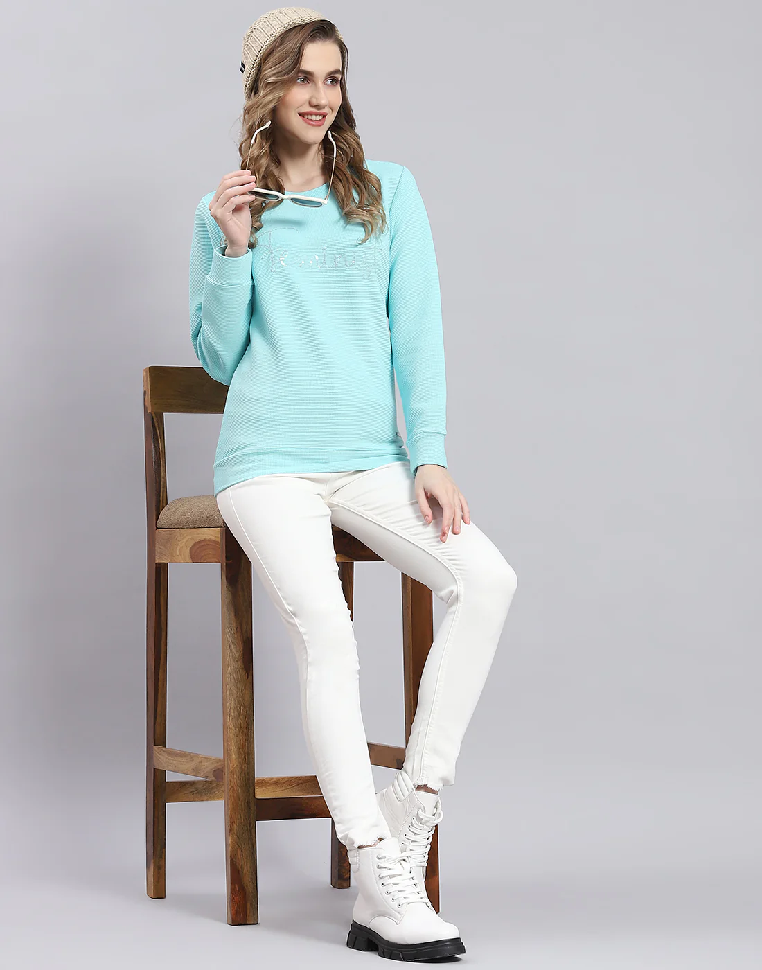 Women Blue Self Design Round Neck Full Sleeve Sweatshirt - Image 2