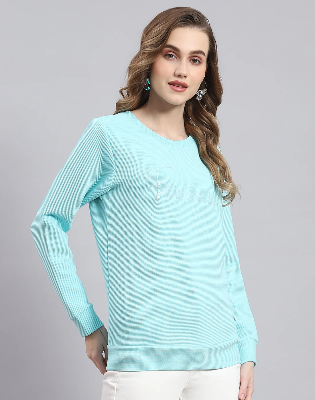 Women Blue Self Design Round Neck Full Sleeve Sweatshirt - Image 5