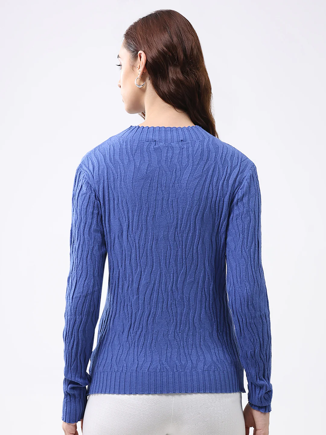 Women Blue Self Design Round Neck Full Sleeve Winter Top - Image 5