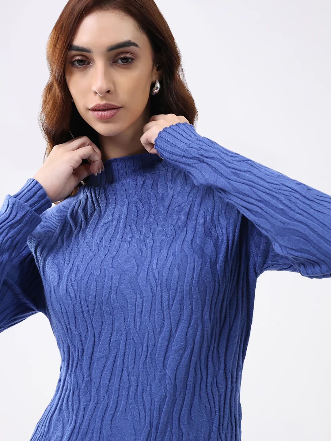 Women Blue Self Design Round Neck Full Sleeve Winter Top - Image 6