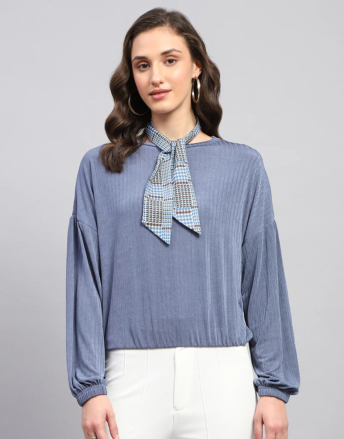Women Blue Self Design Round Neck Full Sleeve Winter Top - Image 3