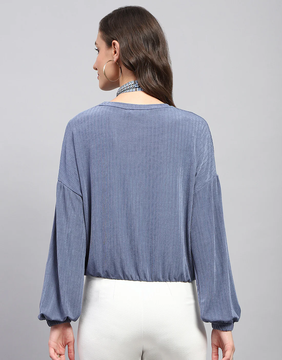 Women Blue Self Design Round Neck Full Sleeve Winter Top - Image 6