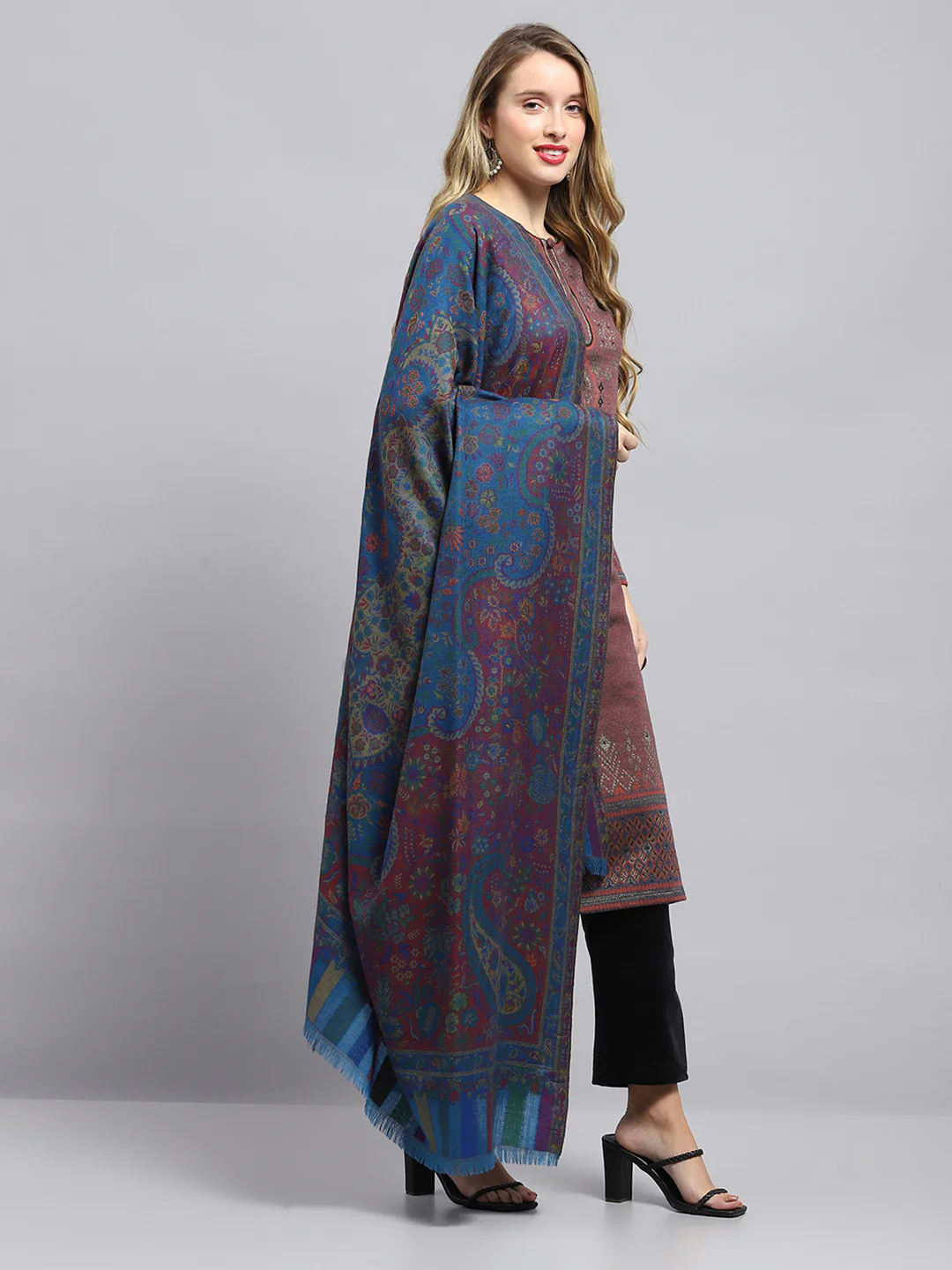 Women Blue Self Design Shawl - Image 4