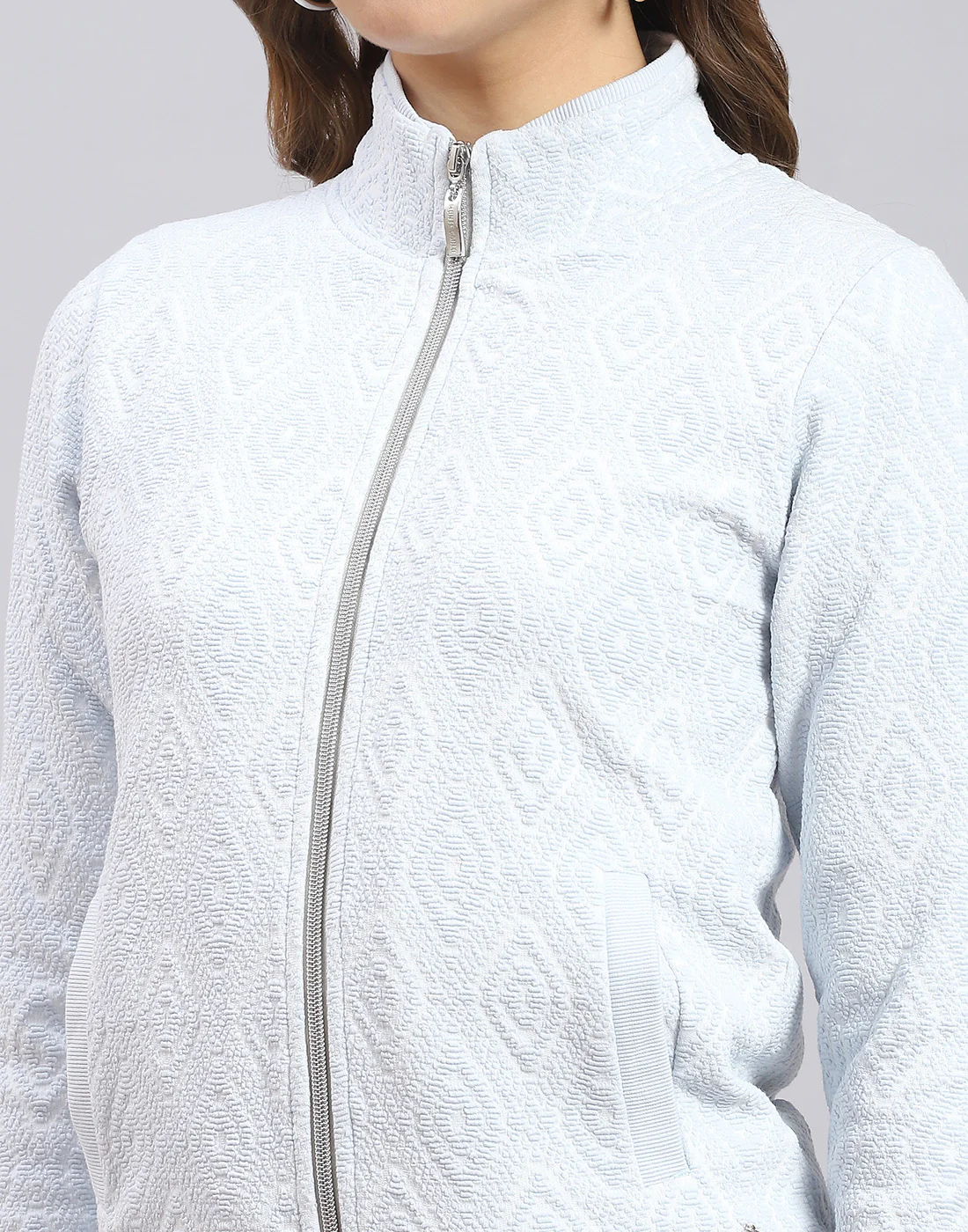 Women Blue Self Design Stand Collar Full Sleeve Sweatshirt - Image 6