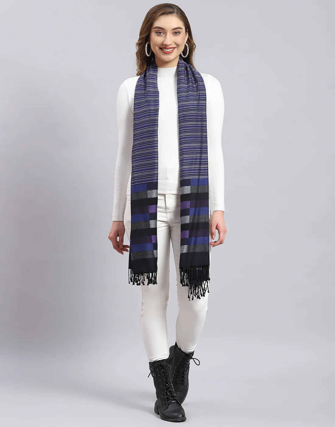 Women Blue Self Design Stole - Image 3