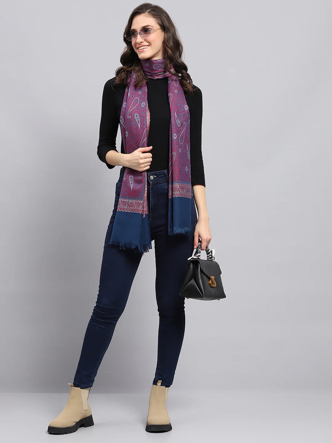 Women Blue Self Design Stole - Image 2