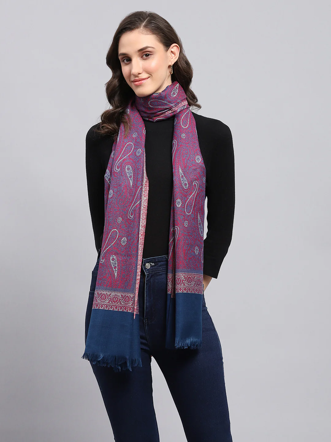 Women Blue Self Design Stole - Image 3