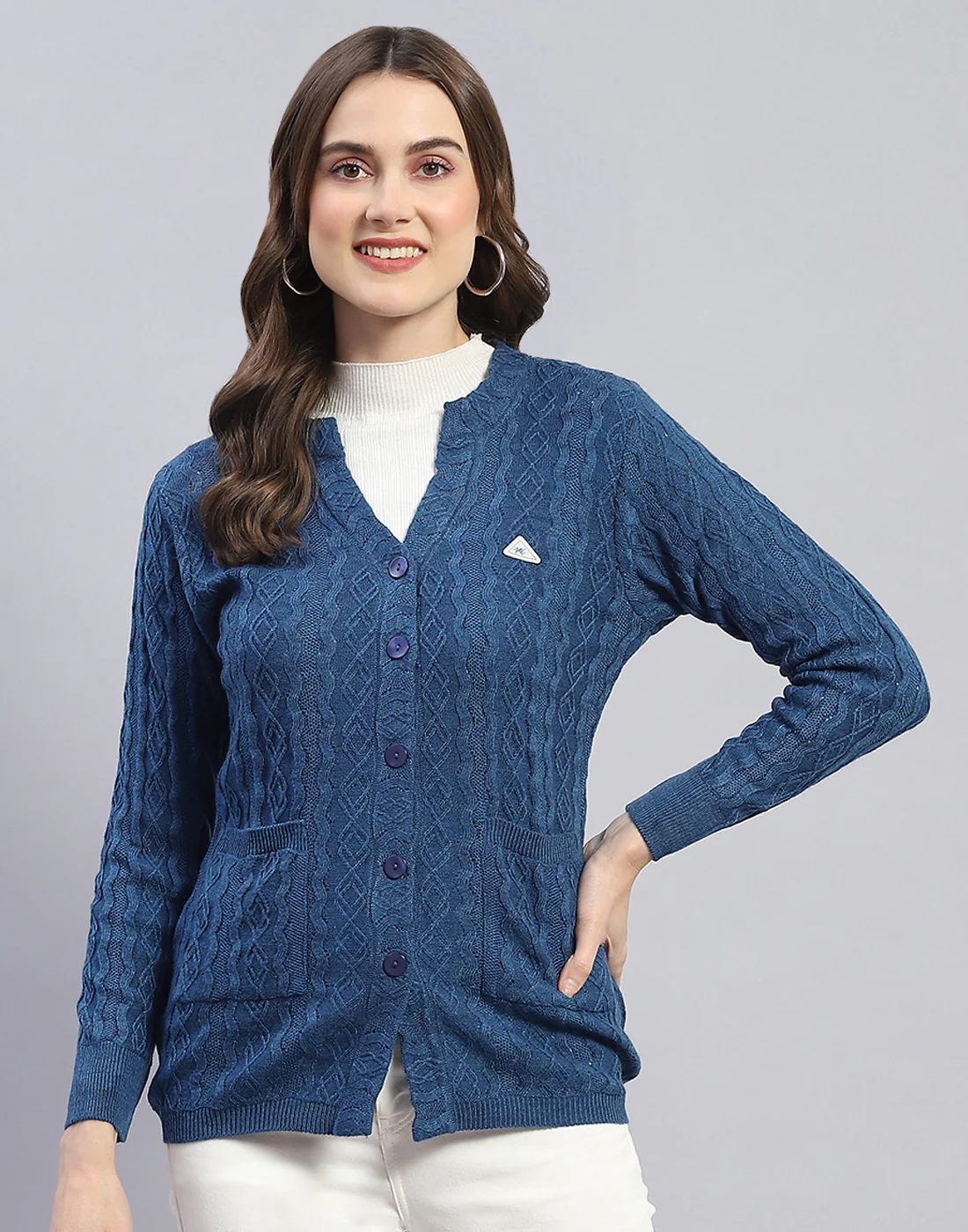 Women Blue Self Design V Neck Full Sleeve Cardigan - Image 2