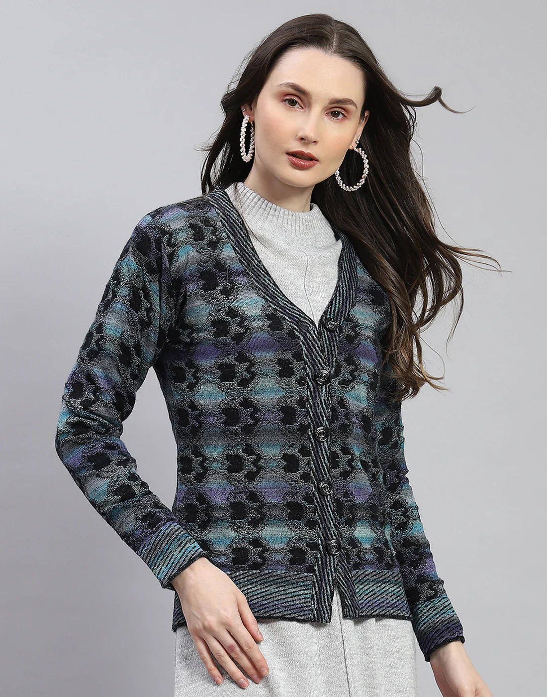 Women Blue Self Design V Neck Full Sleeve Cardigan - Image 4
