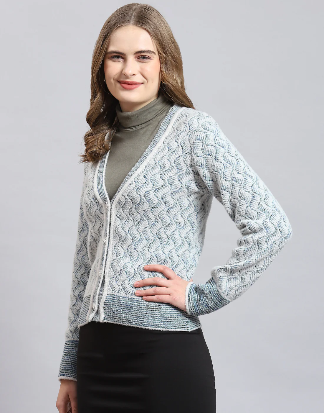 Women Blue Self Design V Neck Full Sleeve Cardigan - Image 3