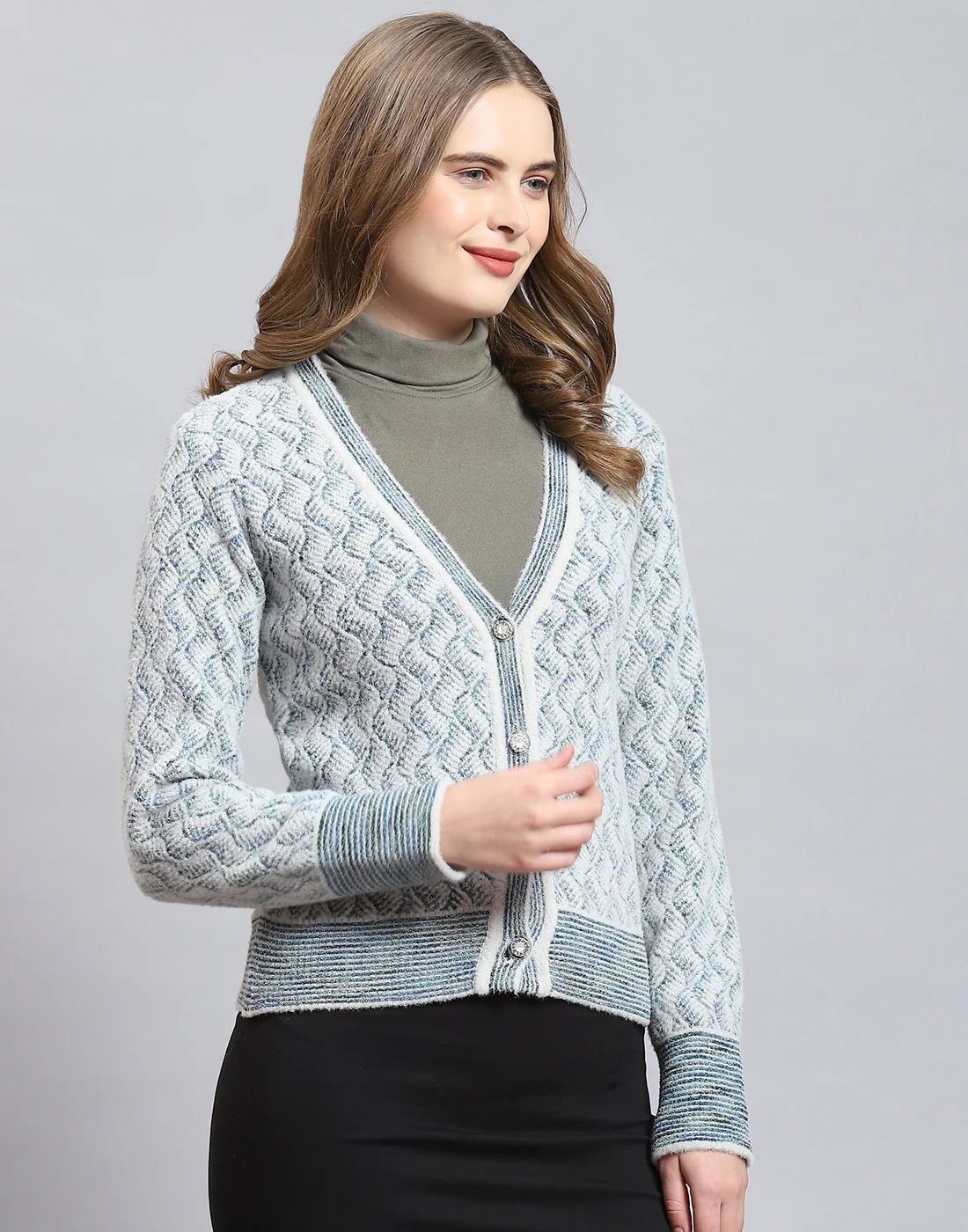 Women Blue Self Design V Neck Full Sleeve Cardigan - Image 4