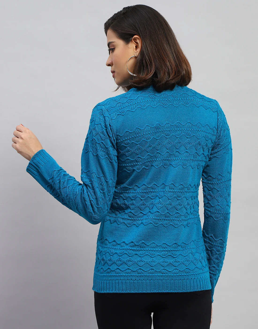 Women Blue Self Design V Neck Full Sleeve Cardigan - Image 5