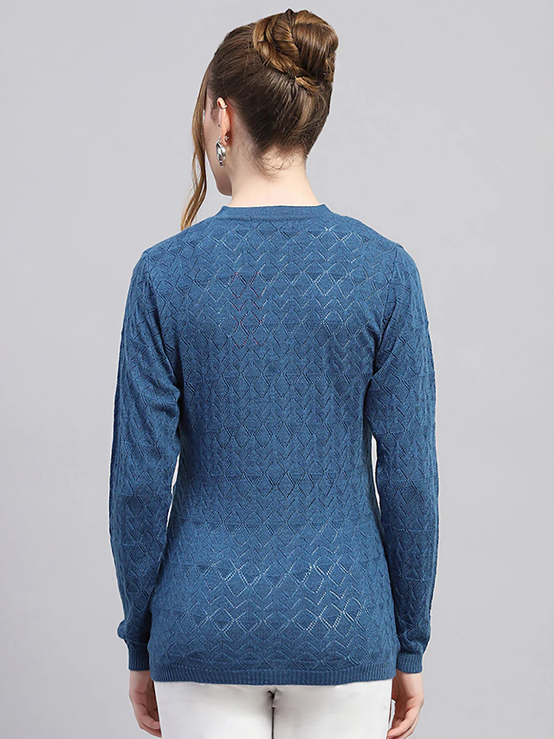 Women Blue Self Design V Neck Full Sleeve Cardigan - Image 5