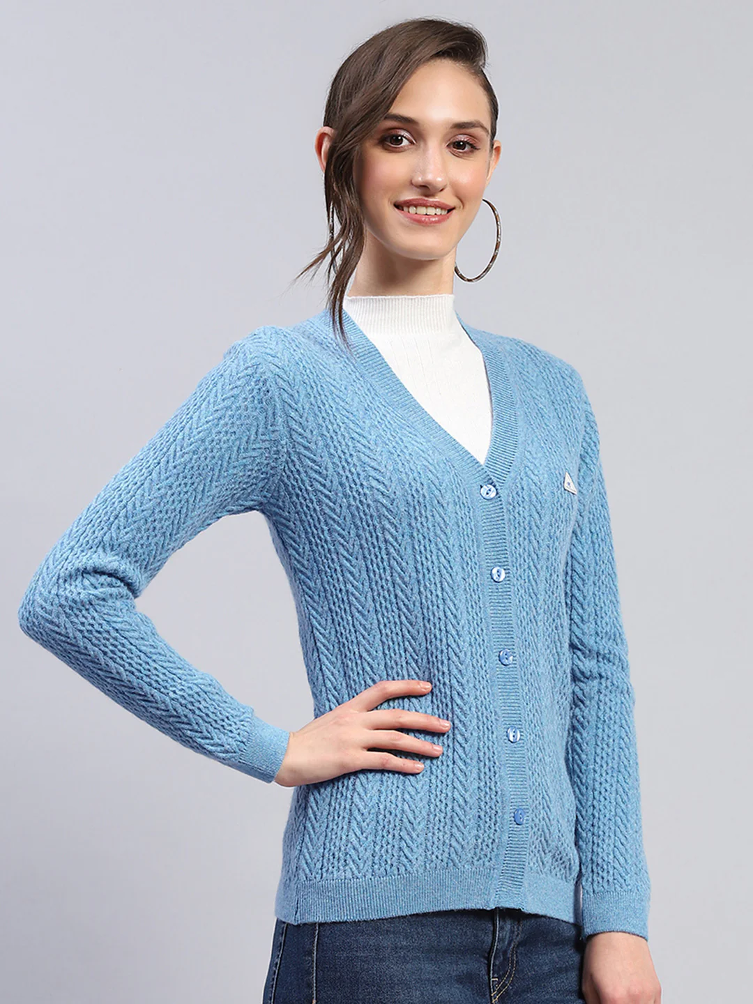 Women Blue Self Design V Neck Full Sleeve Cardigan - Image 4