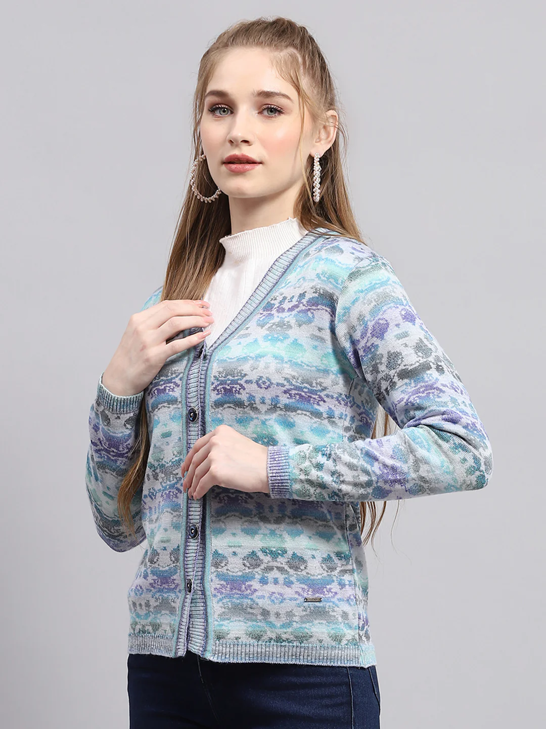 Women Blue Self Design V Neck Full Sleeve Cardigan - Image 3
