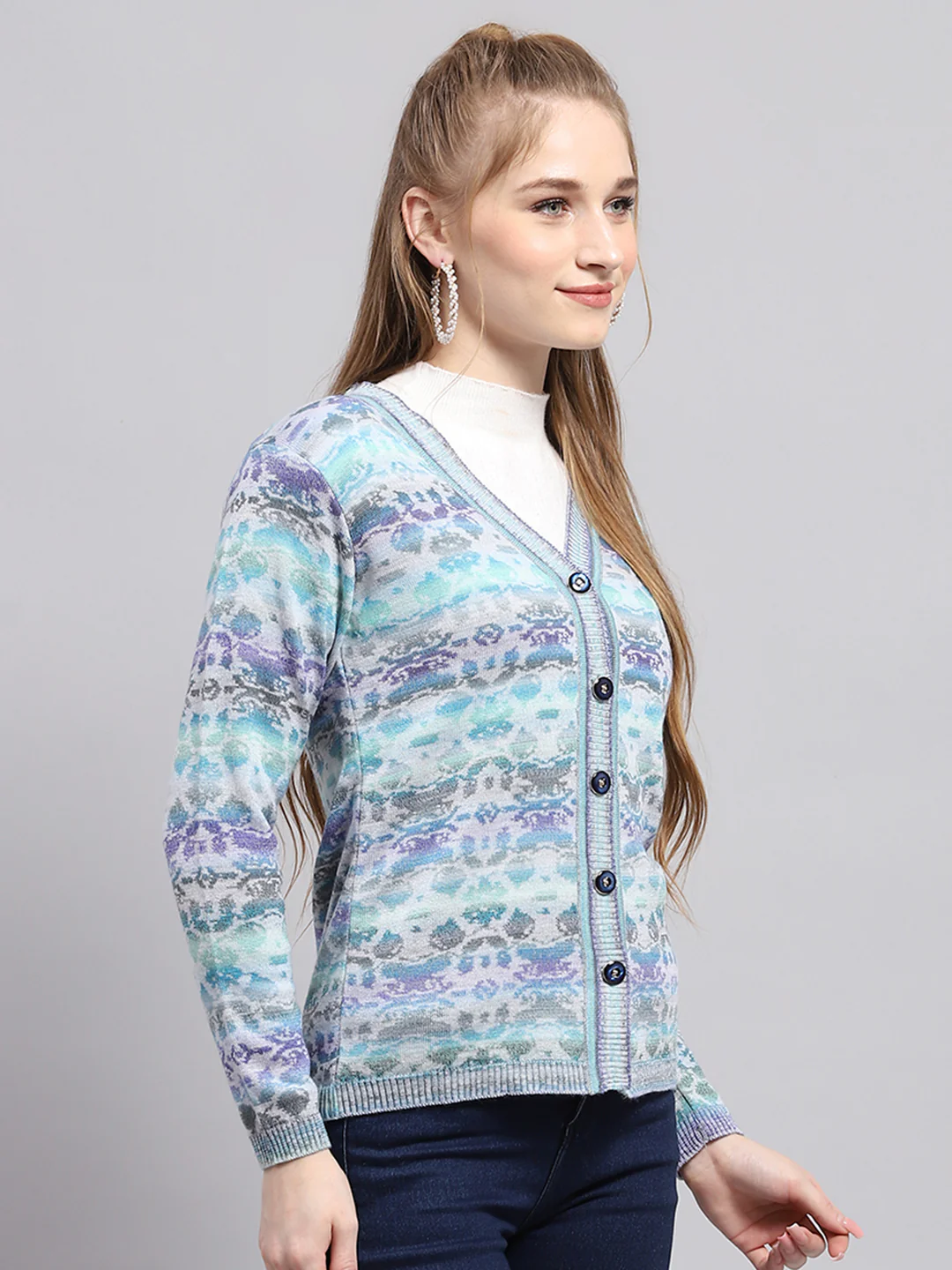 Women Blue Self Design V Neck Full Sleeve Cardigan - Image 4