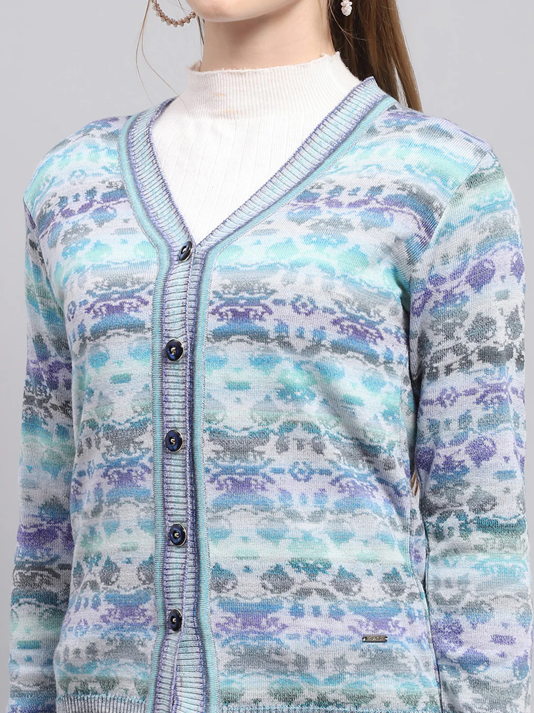 Women Blue Self Design V Neck Full Sleeve Cardigan - Image 6