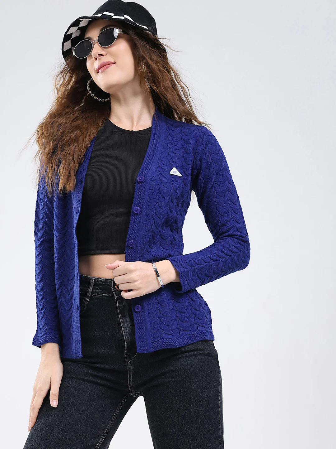 Women Blue Self Design V Neck Full Sleeve Cardigan - Image 7