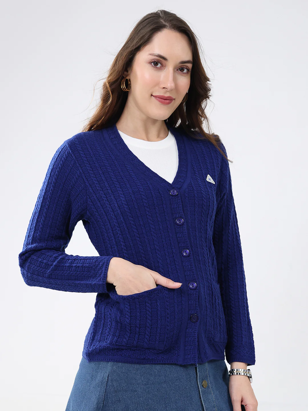Women Blue Self Design V Neck Full Sleeve Cardigan - Image 4