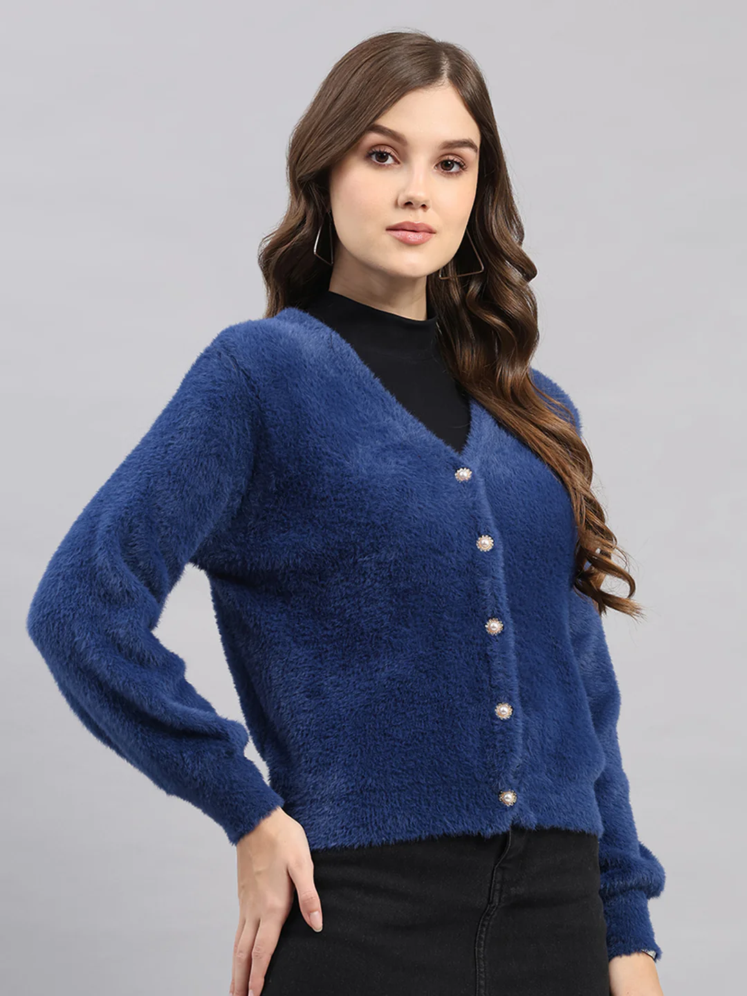 Women Blue Self Design V Neck Full Sleeve Cardigan - Image 4
