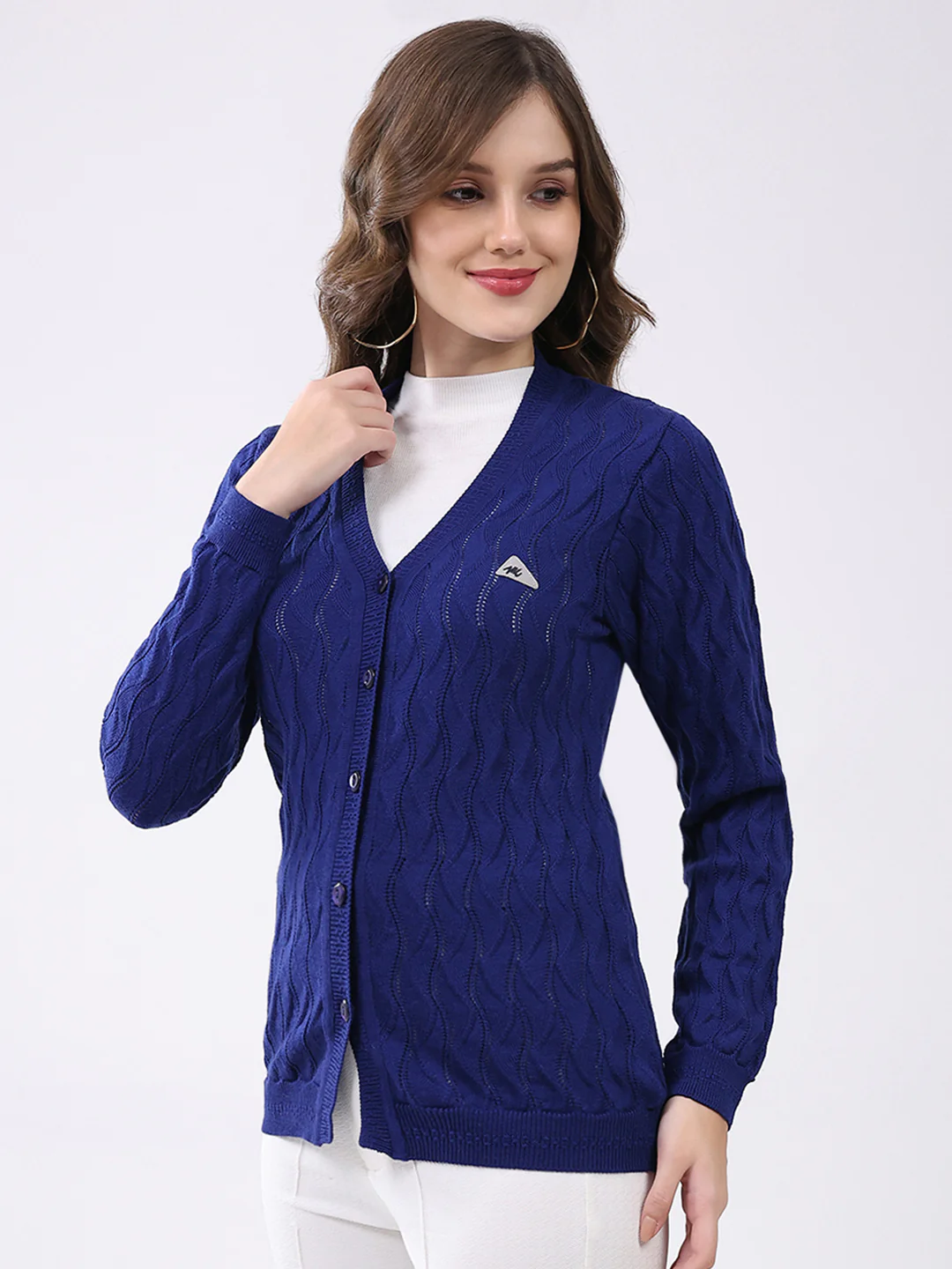 Women Blue Self Design V Neck Full Sleeve Cardigan - Image 3