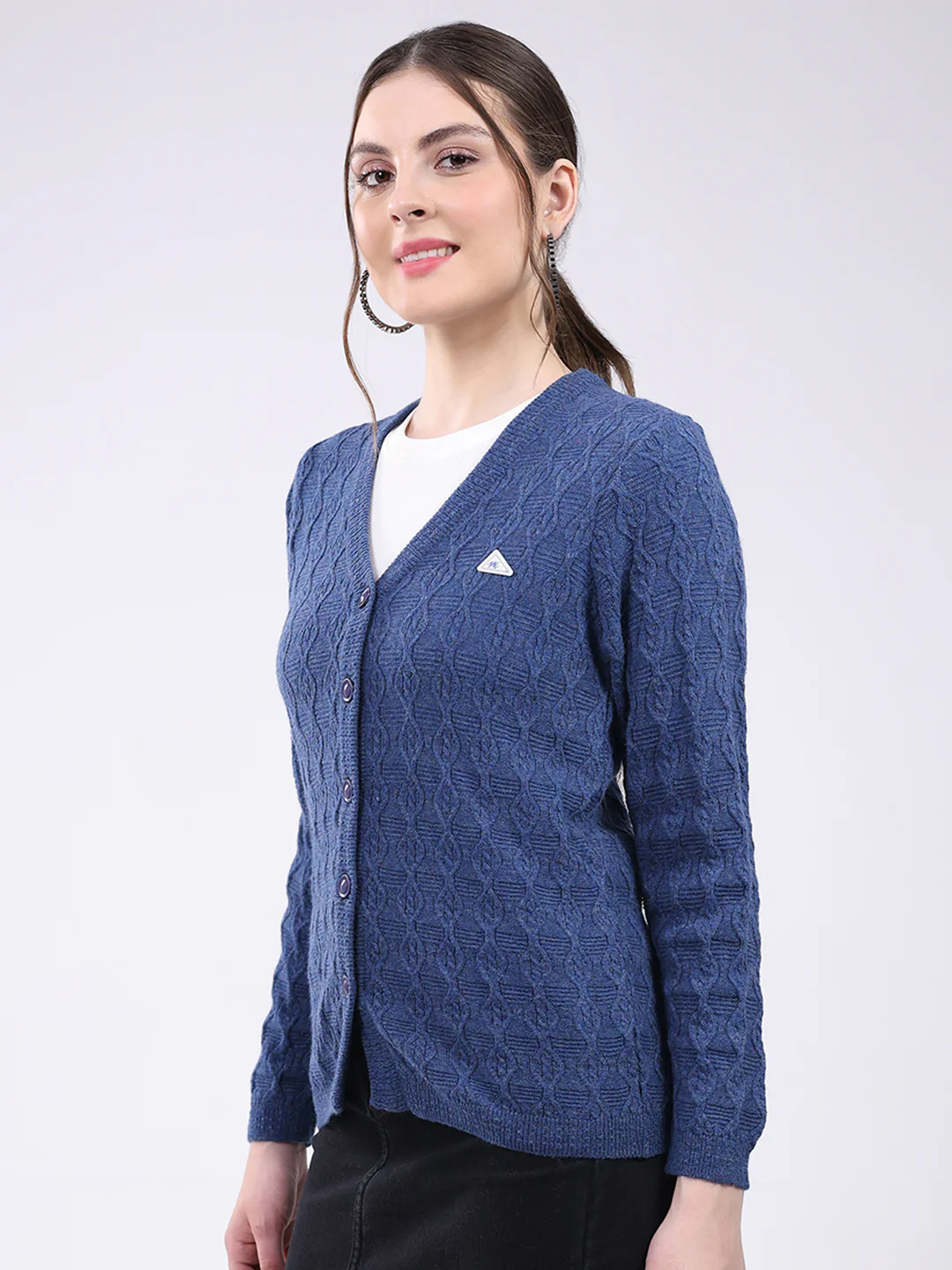 Women Blue Self Design V Neck Full Sleeve Cardigan - Image 3