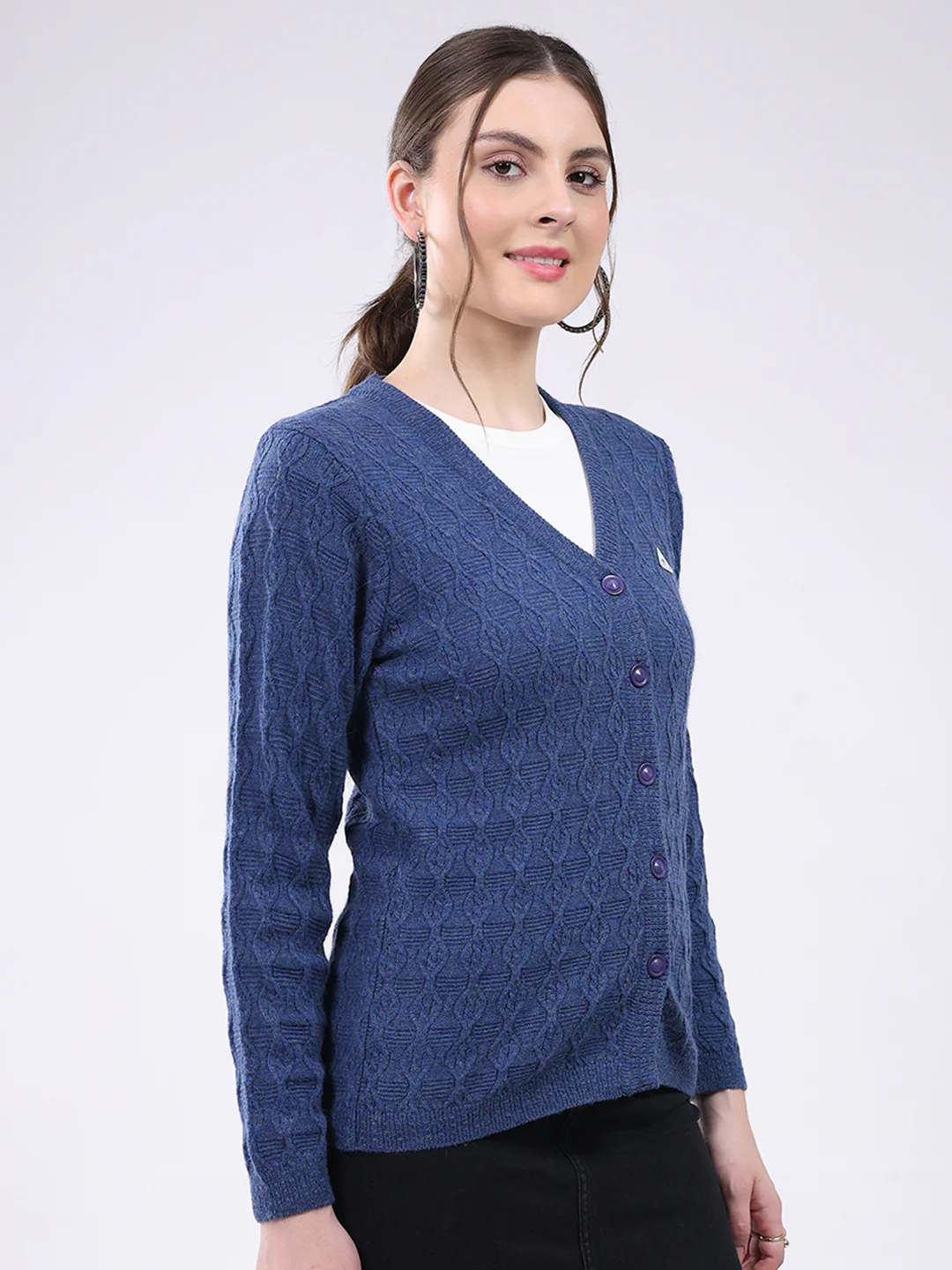 Women Blue Self Design V Neck Full Sleeve Cardigan - Image 4