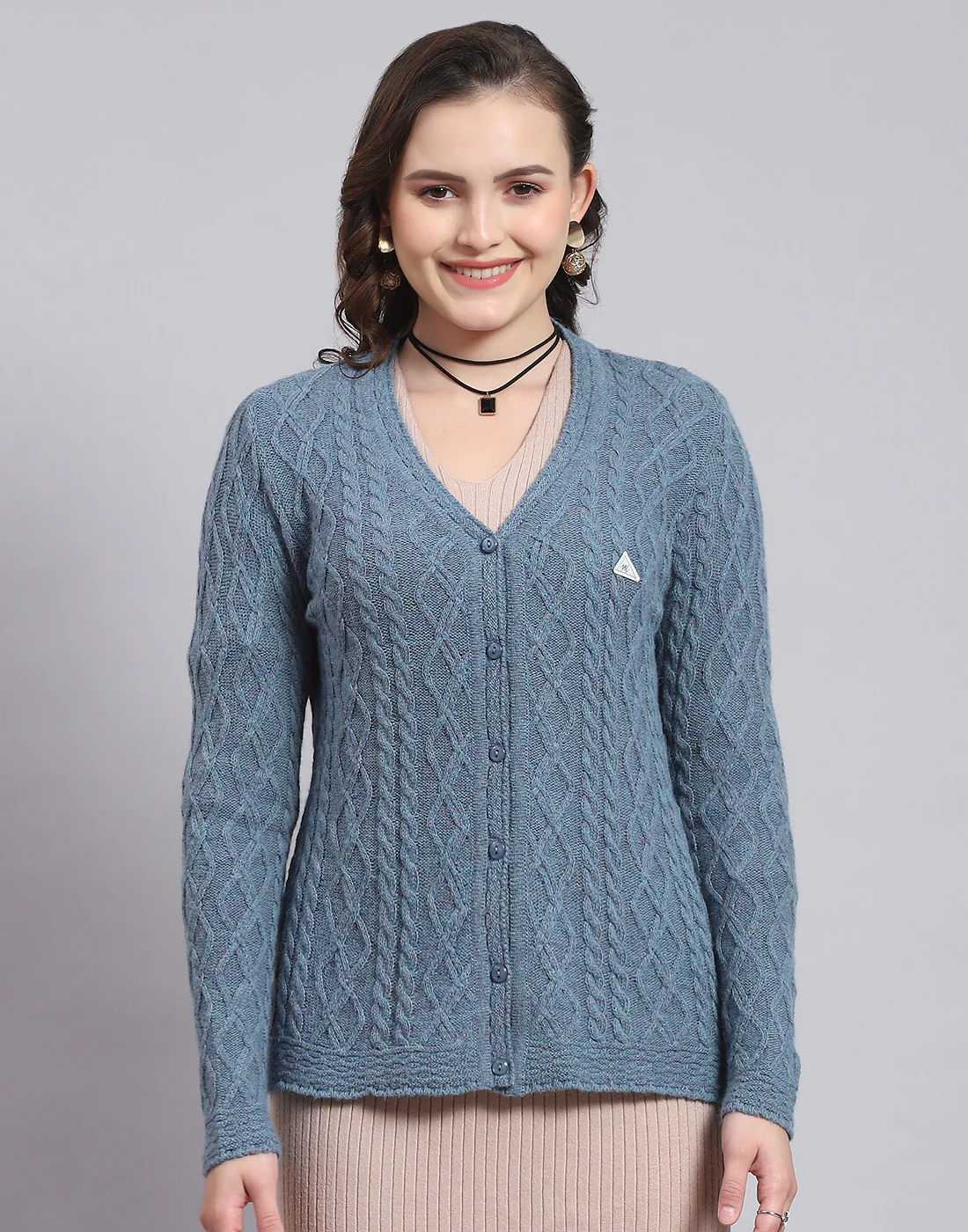 Women Blue Self Design V Neck Full Sleeve Sweater - Image 3