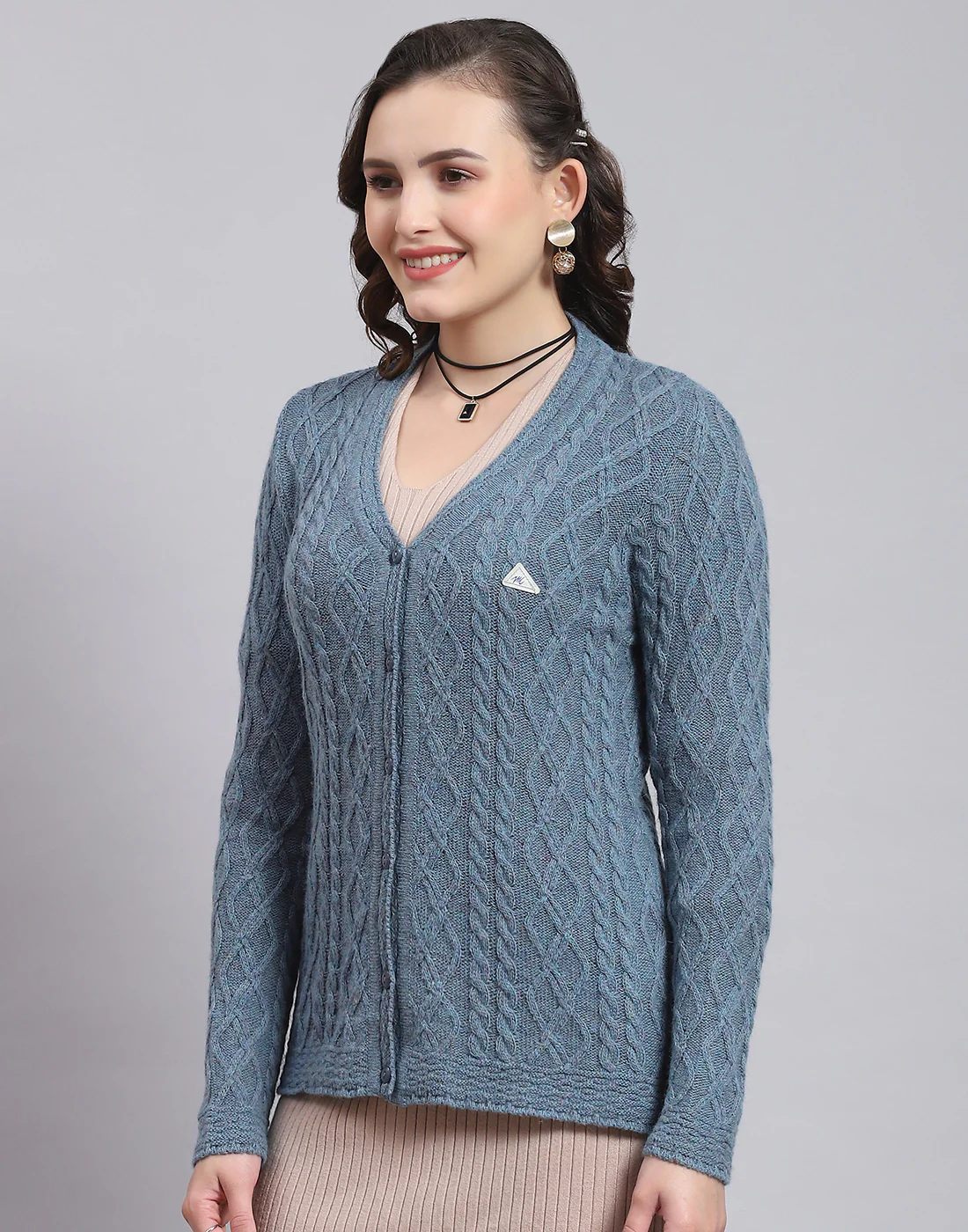 Women Blue Self Design V Neck Full Sleeve Sweater - Image 4