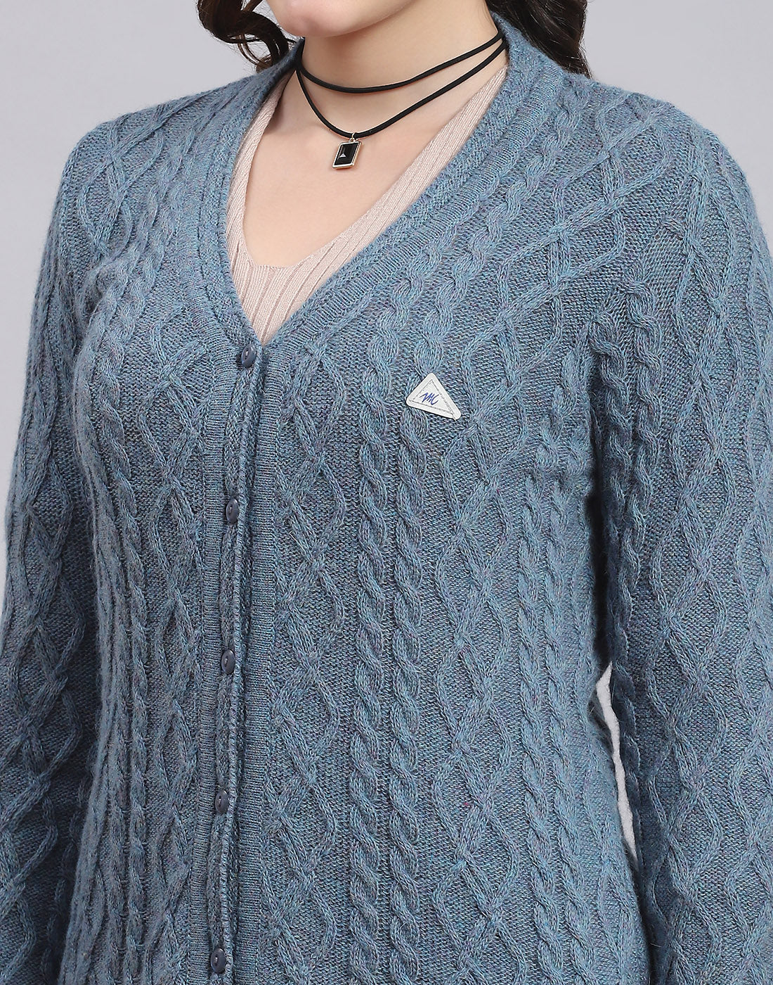 Women Blue Self Design V Neck Full Sleeve Sweater - Image 7