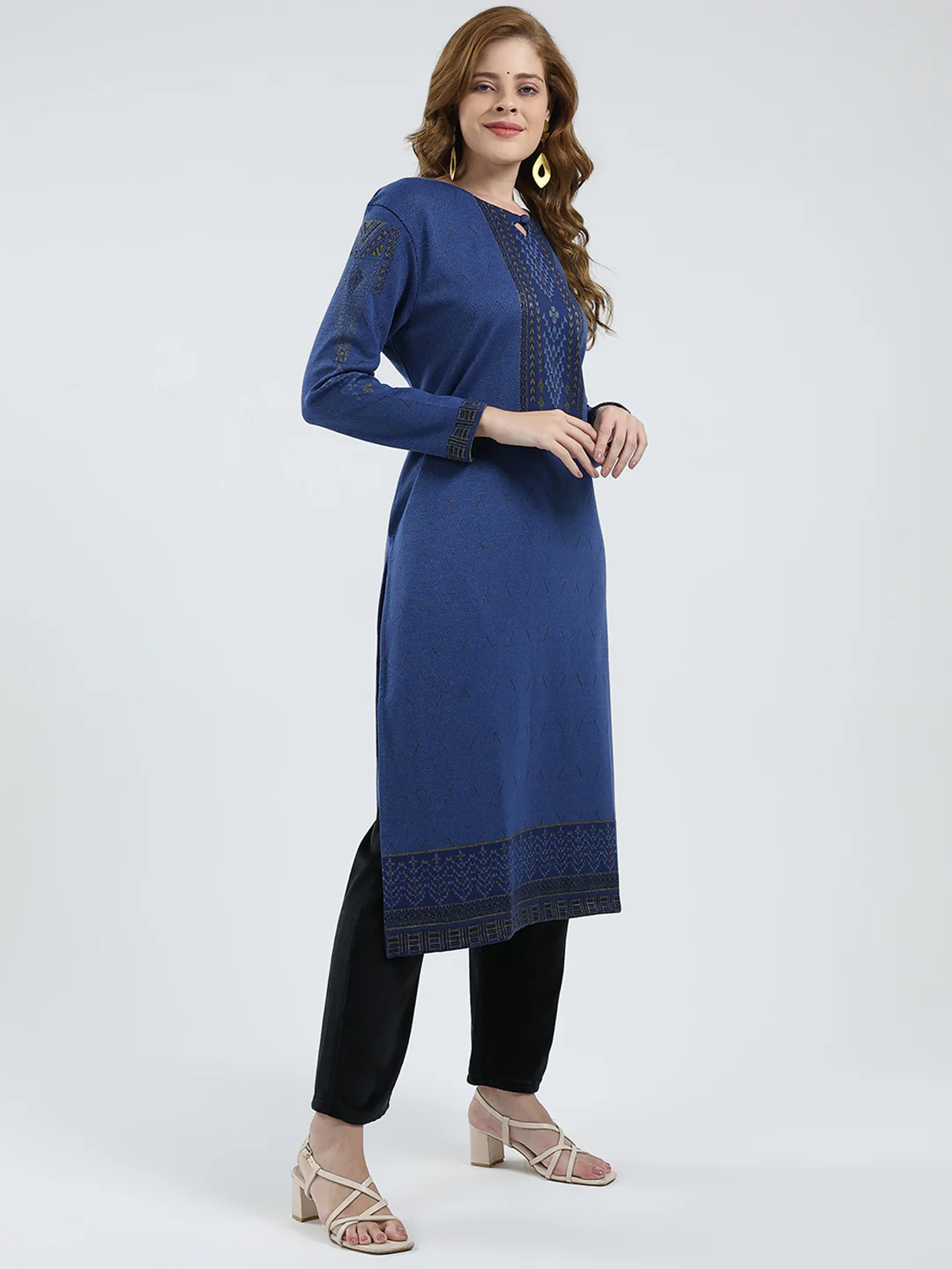 Women Blue Self Design Round Neck Full Sleeve Winter Kurti - Image 4